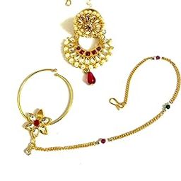 Combo Jewellery Traditional Rajasthani golden pink maang tikka and Nathiya/Nose Ring with Pearls Chain in Kundan for Women and Girls-image-57