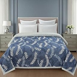 Furnistitchs Ultrasonic Plush Comforter Set Double Bed 230x250 cm Reversible Lightweight AC Blanket | All-Season Duvet & Comforter Fluffy Summer Dohar (Blue Leaves, Double 90"x100")-6