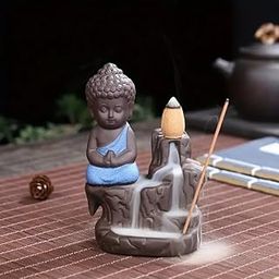 Craftvatika Meditating Monk Buddha Smoke Backflow Cone Incense Holder Showpiece For Office Desk,Living Room,Home Decor Decoration Gift Items,Buddha Smoke Fountain For Home Decor - Multicolor-32