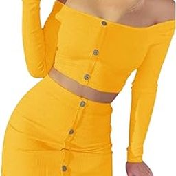 Women's Polyester Slim Fit Casual Solid Off Shoulder Button Skirt Outfits Set of 2| Size-2XL | Color-Yellow-27