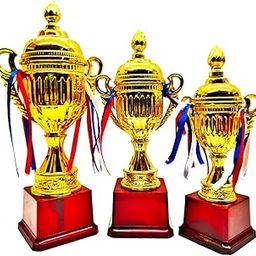 Gold Trophy Cup Set with Red Base and Tricolor Ribbons, 3 Sizes, Award Ceremony Trophies 30cm,27cm,24 cm Height-image-97