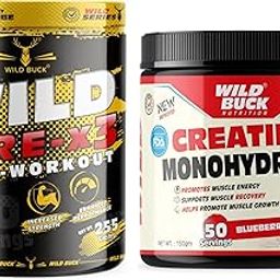WILD BUCK Wild Pre-X3 Hardcore Pre-Workout Supplement powder, Energy Drink with Creatine Monohydrate, Arginine AAKG, Beta-Alanine - For Men,Women [30-60 Servings, Watermelon Twist, 255g] + WILD BUCK Creatine Monohydrate Powder, Strength, Reduce Fatigue, 100% Pure Creatine, Lean Muscle Building, Supports Muscle Growth, Athletic Performance, Recovery [50 Servings, Blueberry]-28