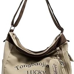 Canvas Bag for Women Khaki Canvas Tote Bag with Coin Bag Chic Cute Letter Print Zipping Shoulder Bag Crossbody Bag Casual Hand Bag Multi Use School Book Bag Travel Carry All Bag, 30x17x30cm-image-7