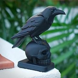 Gothic Crow on Skull Statue – Eco-Friendly Raven Figurine on Human Skull | Halloween Decor | Desk, Shelf, Home, Office | Matte Black | 15cm-image-83