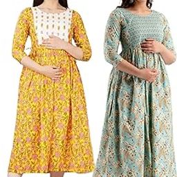 Women's Cotton Printed Maternity Gown Feeding Nighty A-line Maternity Dress Kurti Gown for Women (Po2-Gown-004)-image-94