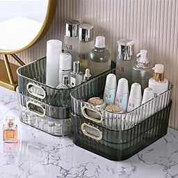 Xmart India Acrylic Desktop Storage Box and Organiser with Handle Transparent Cosmetics & Bathroom Organizer Tray Stackable Storage Box for Home,Dressing Table Storage and Organisers(2 Pc)-image-63