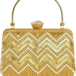 duchess Golden Clutch for Women | Wedding & Party Clutch for Girls | Pearl Sequin Bridal Purse | Designer Evening Bag with Zigzag Embroidery & Metal Handle | Stylish Handbag-picture-33