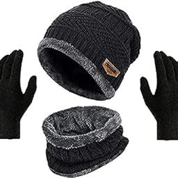 DIGITAL SHOPEE Unisex Winter Knit Beanie Skull Cap Hat Neck Warmer Scarf and Woollen Gloves Set (3 Piece, Dark Black, Free Size)-image-12