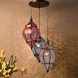 Homesake Moroccan Hanging Pendant Lights - Vintage Handcrafted Metal Ceiling Lamps, Jhumar Chandelier for Living Room, Bedroom, Dining Room - LED Compatible, Festive Lighting, Home Decor-image-56