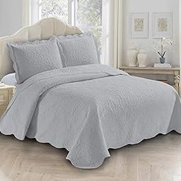 Fancy Linen 3pc Embossed Coverlet Bedspread Set Oversized Bed Cover Solid Floral Daisy Pattern New # Allison (King/California King, Silver)-image-61