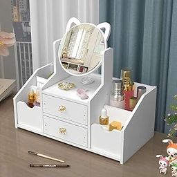 OANGO Glass White Desktop Makeup Mirror With Drawers, Large Capacity, Reasonable, Bedroom Dressing Table Vanity Mirror, Multi-Functional Cosmetic Storage Box, Rectangular, Tabletop Mount-image-28
