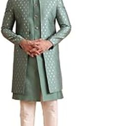 Mens Jacket Sherwani Trouser Set|Silk Blend Fabric Jacquard Pattern Indo-Western Mens Ethnic Wear|Regular Fit Mandarin Collar Long Sleeves-picture-5