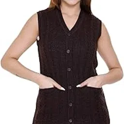 aarbee Self Design Sleeveless V Neck Woollen Cardigan for Women with Front Pockets-picture-2