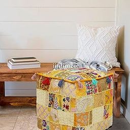 iinfinize Rajasthani Stylish Pouff Cover Cotton Decorative 16 Inch Square Ottoman Footstool Pouf Furniture Seating Chair Solid Luxury Pouffe Bean Bag Standard Pouf-image-12