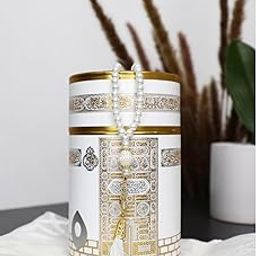 AL-HADAYA Elegant Kaba Design Cylinder Gift Set with Muslim Prayer Rug & Prayer Beads | Islamic Gifts Set | Prayer Carpet Mat, Taffeta Fabric | Pearl White-image-23