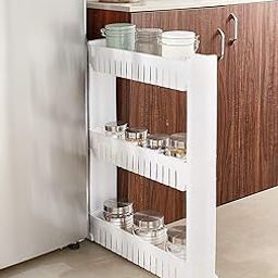 Amazon Basics Slim Rolling Storage Rack – 3-Tier Plastic Slide-Out Organizer for Kitchen, Bathroom, Laundry Room – Space-Saving Multipurpose Shelf for Pantry & Utility Storage (White)-7