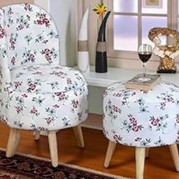 LB TRENDS Sitting Solutions for Home – Wooden Frame Round Ottoman Chair, Soft Cushion Pouffes, Stools Ideal for Living Room, Study & Makeup Table, 32 Inch Height, Chair/Stool Set, White Flower-image-99