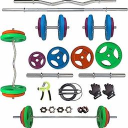 Leeway Color Rubber Coated Weight Plate 50 Kg Home Gym Set with 3Ft Curl (28mm), 5Ft Straight (28mm), Dumbbell Rods, Weight Plates Combo, Gym Equipment (50kg Set (2.5X4+5X4+10X2) Home Gym Combo)-image-4