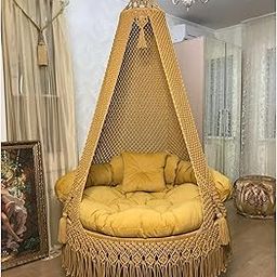 KAAHIRA Handcrafted Iron Frame with Cotton Rope Macrame Mustard Balcony Swing with Velvet Sitting, Booster and Cushion Cover-image-26
