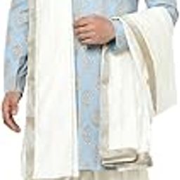 Men's Indo-Western Sherwani Dhoti With Dupatta Set, Blue Cotton Blend Printed Regular Fit Mandarin Collar Full Sleeves-image-43