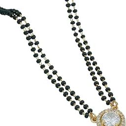 American Diamond Short Mangalsutra for Women | 18 Inch Black Beaded Chain | Wedding, Party-image-94