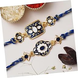 Set of 2 Blue & Golden Designer Rakhis for Brother, Bhabhi, Kids with Roli Chawal Pack-image-50