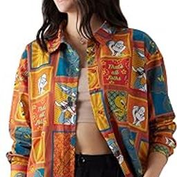 Official Looney Tunes: Indie Vibes Women Oversize Fit Full Sleeves Graphic Printed Polyester Multicolored Shirt Shirts Casual Button-Down Half Sleeve Printed Graphic Short-image-39