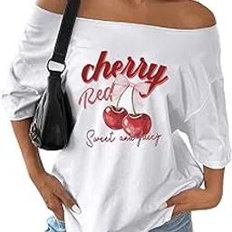sxv style SXV Women's Loose Bowknot Asymmetrical Neck T-Shirt, Oversized Cherry Pink & White Y2K Style-picture-36