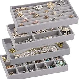 Ptaedex Stackable Velvet Jewelry Trays Organizer for Drawers, Small Jewelry Drawer Organizer Display Tray for Earring Ring Watch Bangle Bracelet Necklace, Set of 4, Gray-image-68