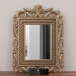 Onlineshoppee Modern Decorative Wooden Wall Mirror Bathroom Mirror Golden (Design-7, Framed, Rectangular)-picture-9