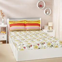 Amazon Brand - Solimo Serene Blossoms 144 TC 100% Cotton Double Bedsheet with Two Pillow Covers, Soft and Smooth (Floral, Red and White)-image-97