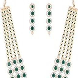 Green Multi Layered Austrian Diamonds Artificial Stones & Beads Embellished Bridal Necklace & Earring Set For Women-ZPFK16923-5