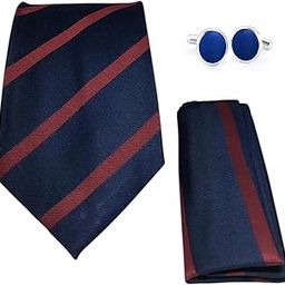Navy Maroon Stripe Italian Silk Tie, Pocket Square & Matching Cufflink Gift Set for Men – 2.75" Slim Necktie, 10x10 Handkerchief, Brass Cufflinks – Elegant Formal Accessories in Wooden Gift Box-image-86
