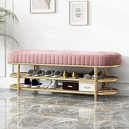 EDEUEQUE Entryway Bench Metal Frame Shoe Rack Bench End of Bed Bench Shoe Changing Stool for Living Room Hallway and Bedroom with 2 -Layer Shelf-Pink-image-48