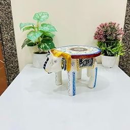 KRYVA - Handcrafted Unique Wooden Multicolor Elephant Stool Hand Painted Decorative Side Table for Home Decor Pooja Room Living Room Entryway (Size 9x7x7 Inch)-image-95