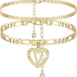 Initial Anklets for Women 14K Gold Plated Layered Figaro Necklace Letter Initial Anklets Handmade Layered Heart Ankle Bracelets Personalized Gifts for Women, 8 5 inch,-image-8