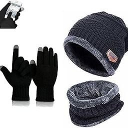 REFFER Latest Stylish Winter Woolen Beanie Cap Scarf (Fur Inside) and Touchscreen Gloves Set for Men and Women Stretch Warm Winter Cap-image-86