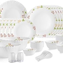 Cello Opalware Dazzle Series Secret Garden Dinner Set, 35 Units | Opal Glass Dinner Set for 6 | Light-Weight, Daily Use Crockery Set for Dining | White Plate and Bowl Set-0