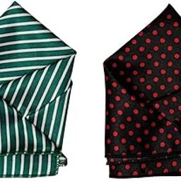 Men's Satin Pocket Square Set – Green with White Stripes & Black with Red Polka Dots – Elegant Handkerchiefs for Suits & Tuxedos-32