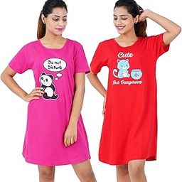 Printed Cotton Short Night Dress for Women 2 Pcs Combo Love Navy Be Kind Red-image-33