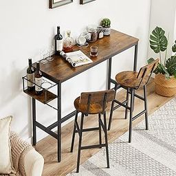 KIVENJAJA 3-Piece Bar Table and Chairs Set, High Top Pub Table with Folding Wine Rack & 2 Wooden Stools, Counter Height Bistro Set for Kitchen Dining Room Restaurant, Rustic Brown-image-73