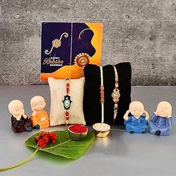 Great Art Rakhi & Gift Set for Brother [Gift Combo - Rakhi with Cute Car Dashboard Polynesin Buddha Statue Set of 4 Rakshabandhan Special Card, Roli Chawal-GADH-022-710-4-31