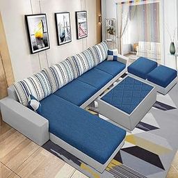 FURNY Adon 8 Seater LHS Fabric L Shape Sofa Set with 1 Centre Table & 2 Puffy (Dark Blue- Light Grey)-image-53