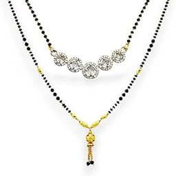 Black Beads Mangalsutra for Women Short | Tanmaniya Necklace for Women | Small Pendant Set, Gold & White, Set of 2 (Pack Of 1)-image-59