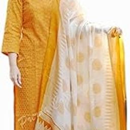 Women's Mustard Yellow Schiffli Embroidery Kurta Set with Handloom Khadi Silk Dupatta (Cotton Fabric, Comfortable Fit)-picture-13
