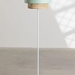 Rattan Cane Webbing Floor Lamp Bamboo Floor Lamp Cane Standing Lamp Wooden Standing lamp for Living Room Bedroom (14" D X 12")(White Stand) (Olive Green)-2