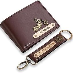 Personalized Name & Charm Leather Wallet & Keychain Giftset for Men | Customized Birthday Anniversary Graduation Corporate Gift for Man Men Boy Friend Family & Office Colleagues (Dark Brown)-1