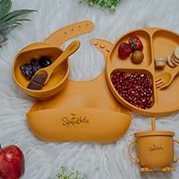 Sproutlets Silicone Feeding Set, 6-Piece Baby Led Weaning Set - Suction Plate, Bear Bowl, Cup, Spoon, Fork and Bib - BPA Free (Ginger Yellow)-image-88