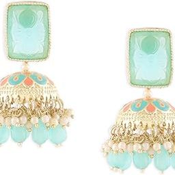 Turquoise Peach Meenakari Cluster Beads Drop Jhumki Earring For Women-ZPFK15442-18