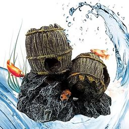 Kizzy Pets Aquarium Decorations Two Stacked Broken Barrels Fish Tank Decoration Ornament for Natural Looking with air Stone-image-32